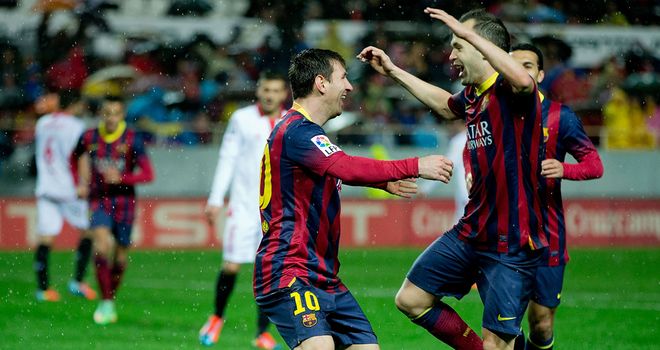 Lionel Messi celebrates after netting in Barca's victory