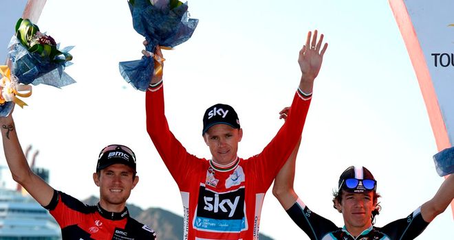 Chris Froome claimed victory ahead of Tejay van Garderen, left, and Rigoberto Uran, right