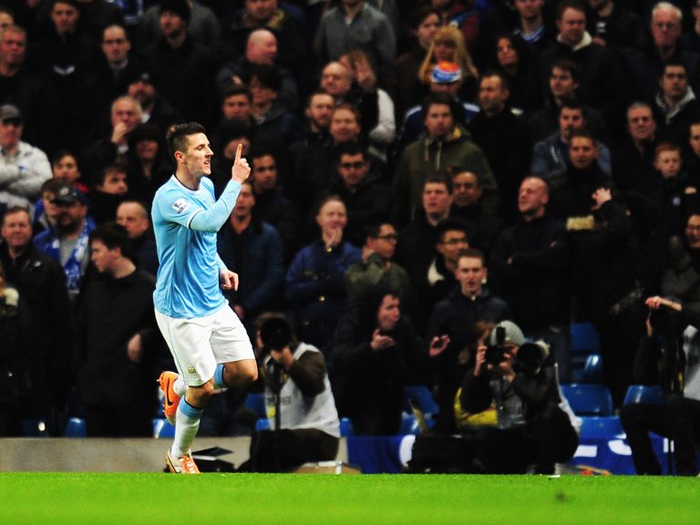 Stevan Jovetic celebrates after opening the scoring at the Etihad