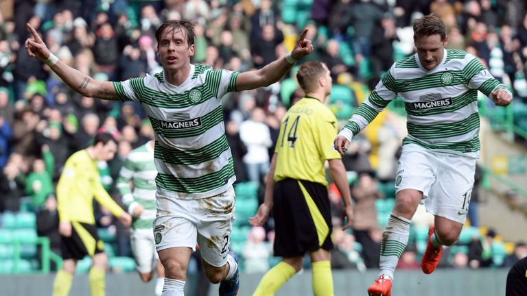 Stefan Johansen celebrates the first goal at Celtic Park