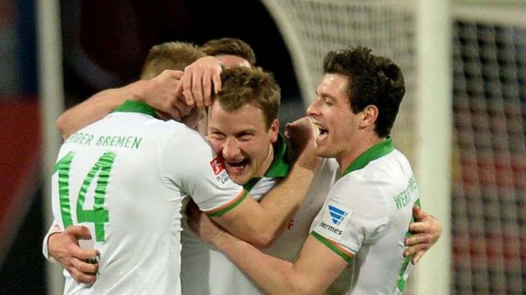 Philipp Bargfrede of Bremen celebrates