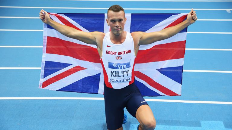 Richard Kilty: British sprinter celebrates at Sopot's Ergo Arena