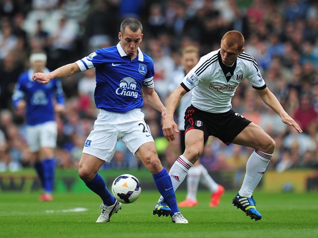 Leon Osman of Everton is closed down by Steve Sidwell