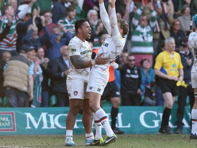 Manu Tuilagi and Toby Flood celebrate