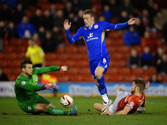 Vardy is challenged by Steele and Cranie