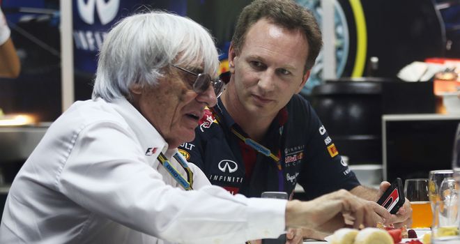 Bernie Ecclestone and Christian Horner in the Red Bull motorhome at Sepang