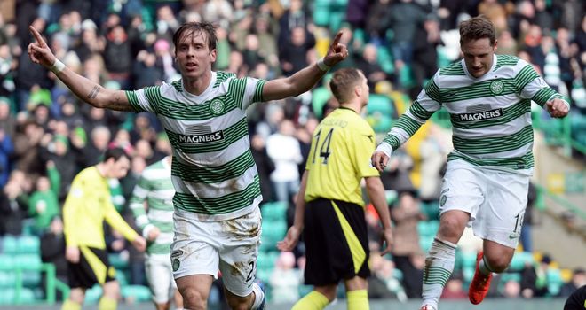 Stefan Johansen celebrates the first goal at Celtic Park