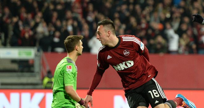 Josip Drmic of Nuernberg celebrates after scoring his team's second goal