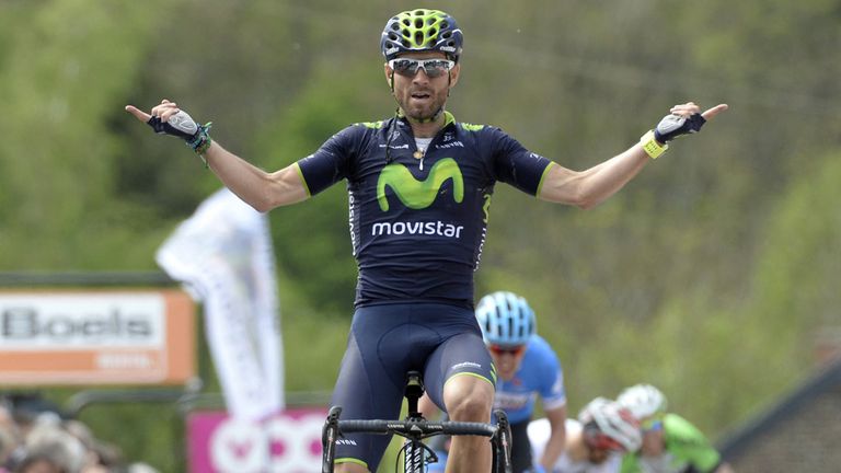 Alejandro Valverde of Movistar celebrates winning La Fleche Wallonne