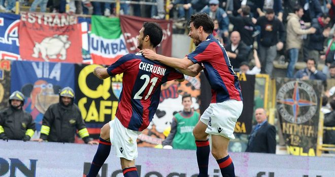 Niccolo Cherubin celebrates his goal for Bologna