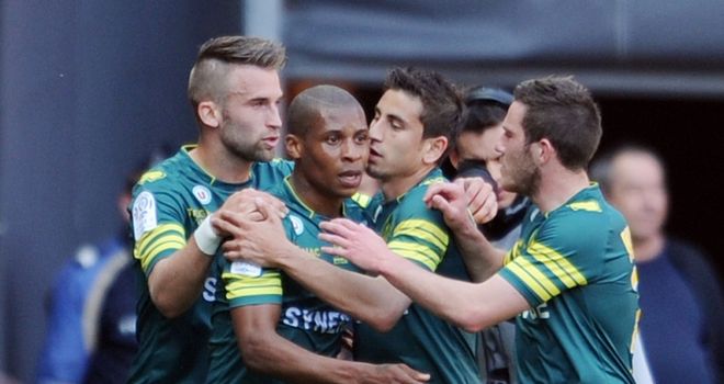 Nantes forward Yohan Audel is congratulated after scoring