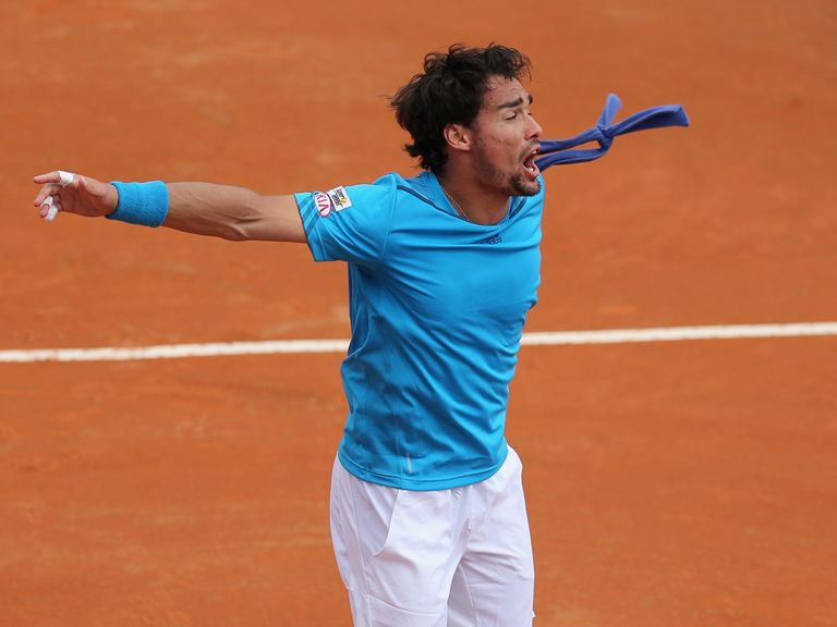 Fabio Fognini celebrates his victory over Andy Murray that levelled the tie at 2-2