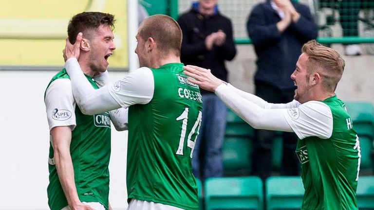 Sam Stanton: Celebrates vital equaliser for Hibs at Easter Road