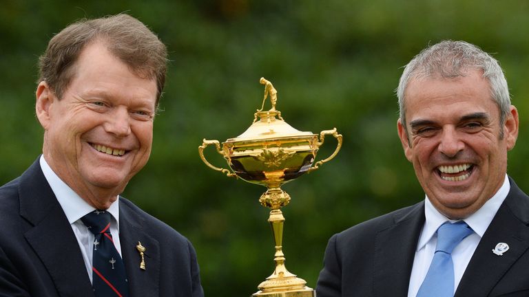 Captains Tom Watson and Paul McGinley pose with the Ryder Cup