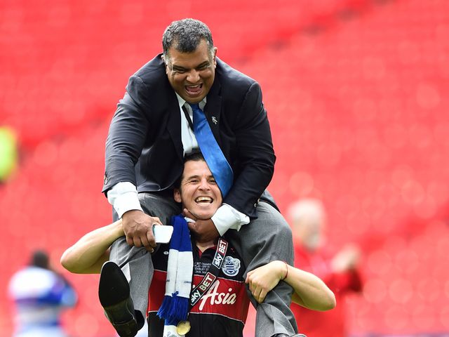 Joey Barton carries QPR owner Tony Fernandez on his shoulders