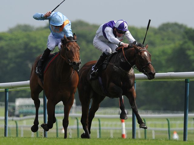 Penitent ridden by Daniel Tudhope (left) beats Breton Rock ridden by Martin Lane to win the Timeform Jury Stakes