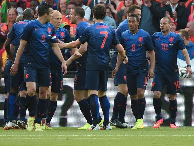 Holland celebrate Robin van Persie's winner