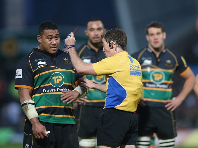 Salesi Ma'afu of Northampton is shown the red card by referee JP Doyle