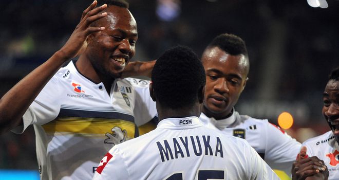 Sochaux celebrate Emmanuel Mayuka's goal