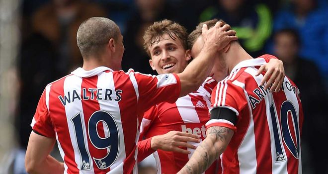 Marko Arnautovic: Celebrates with his Stoke team-mates after the opening goal