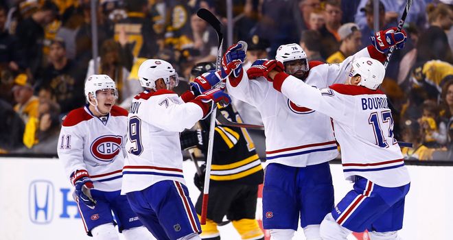PK Subban celebrates his game-winning power play goal with team-mates