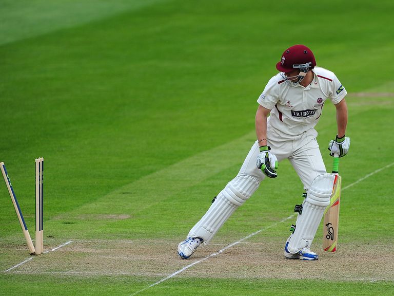 Chris Jones of Somerset looks back after being bowled by Peter Siddle of Nottinghamshire