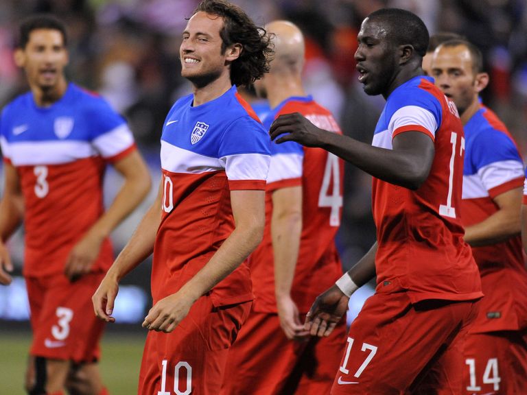 Mix Diskerud smiles after scoring the first goal against Azerbaijan