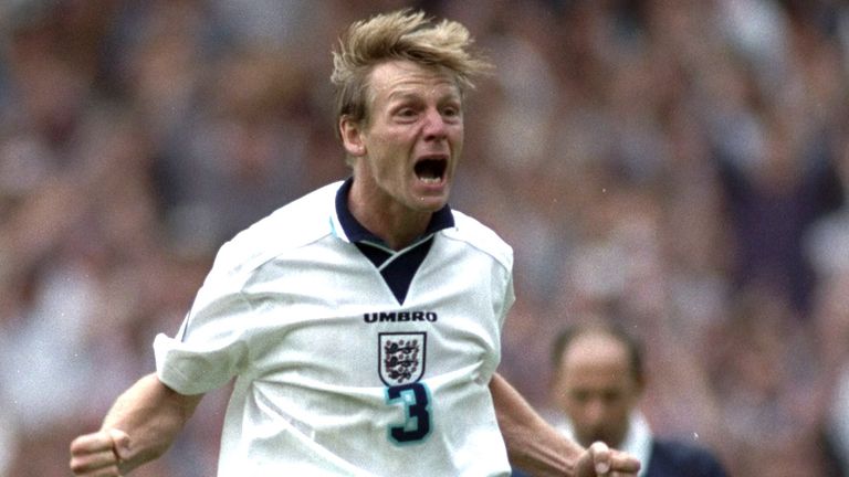 Stuart Pearce shows his joy after scoring his penalty against Spain at Euro 96