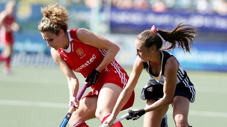 England's Ashleigh Ball and Argentina's Florencia Habif battle for the ball