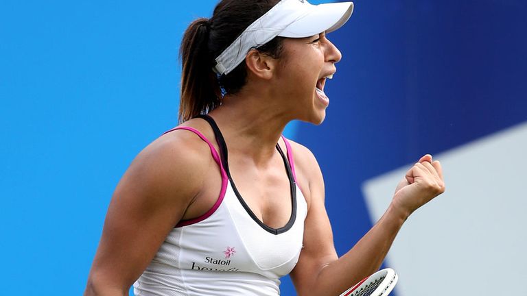 Heather Watson celebrates the moment of victory against No 6 seed Flavia Pennetta