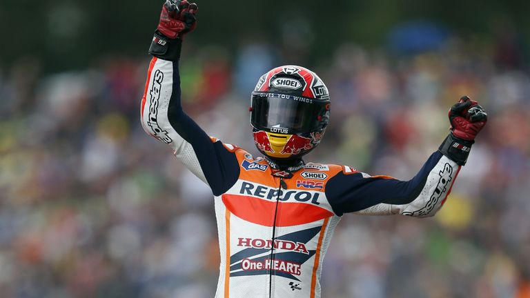 Spanish MotoGP rider Marc Marquez celebrates after he won at Assen