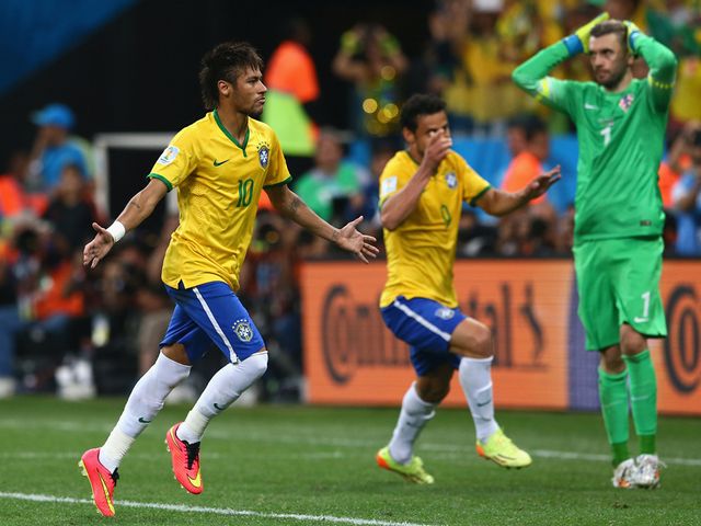 Neymar celebrates his second goal of the match