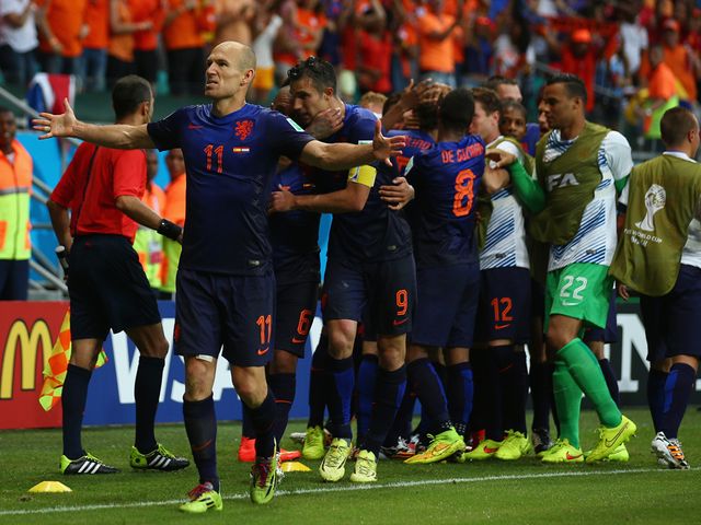 Arjen Robben celebrates his second goal for Holland