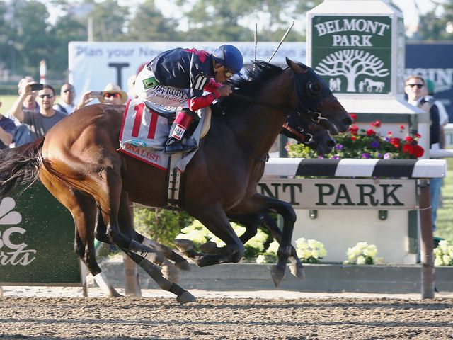 Tonalist, ridden by Joel Rosario, races to the finish line in the 146th running of the Belmont Stakes