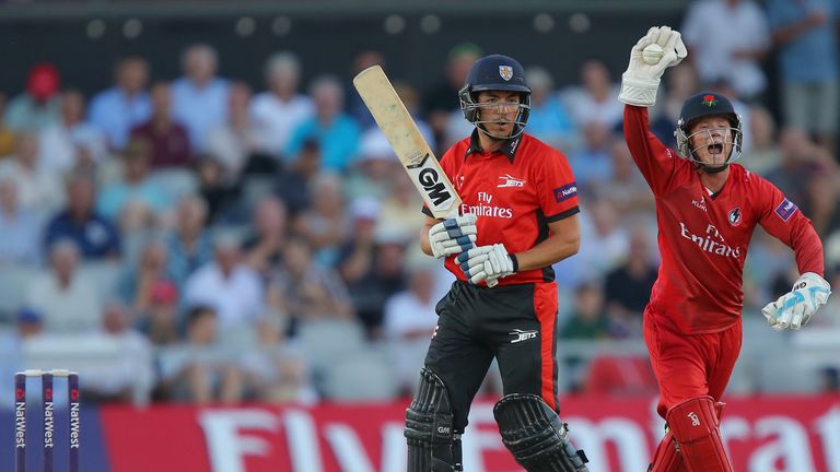 Alex Davies of Lancashire Lightning celebrates the wicket of Michael Richardson of Durham Jets