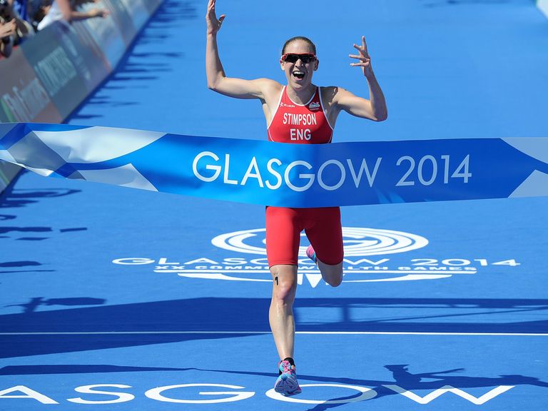 Jodie Stimpson celebrates her gold for England