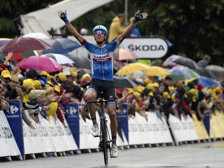 Lithuania's Ramunas Navardauskas celebrates as he crosses the finish line