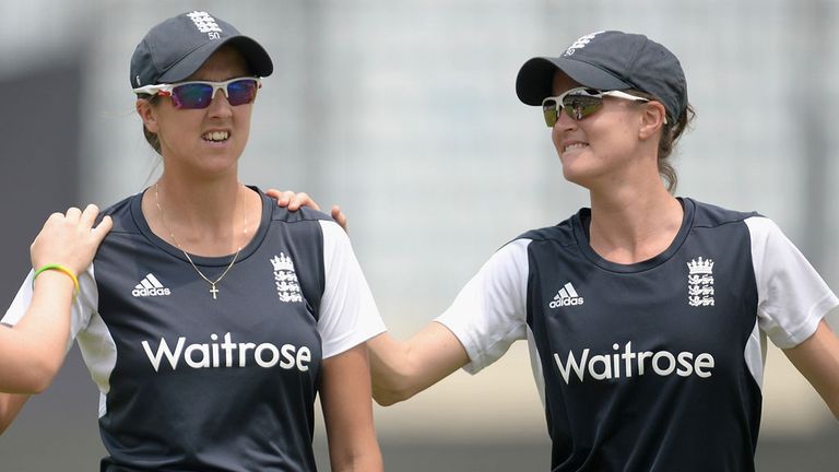 Jenny Gunn and Lydia Greenway limbering up for the Test against India