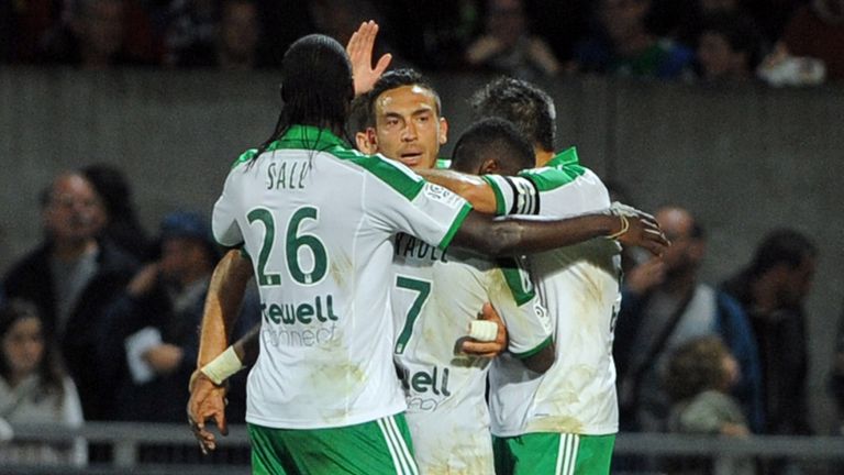 Saint-Etienne's Mevlut Erding is congratulated after scoring