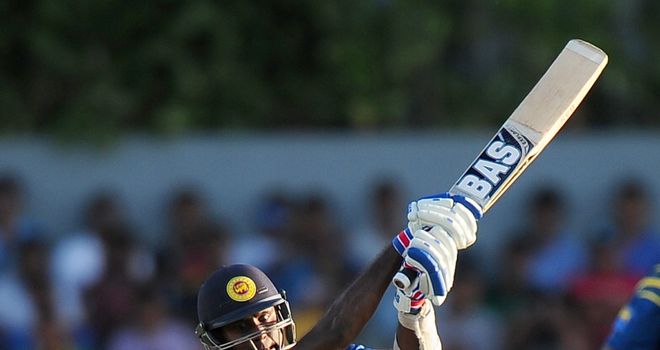 Sri Lanka's captain Angelo Mathews plays a shot during the second ODI against Pakistan