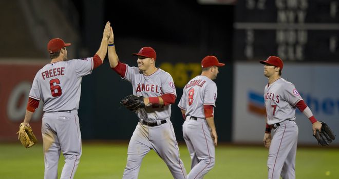 The Los Angeles Angels celebrate beating the Oakland Athletics