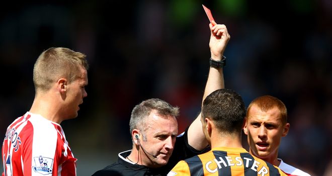 James Chester of Hull City receives his marching orders in the first half against Stoke.