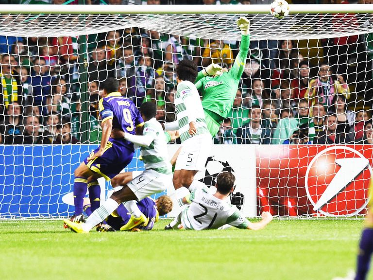 Marcos Tavares scores the only goal of the game at Celtic Park