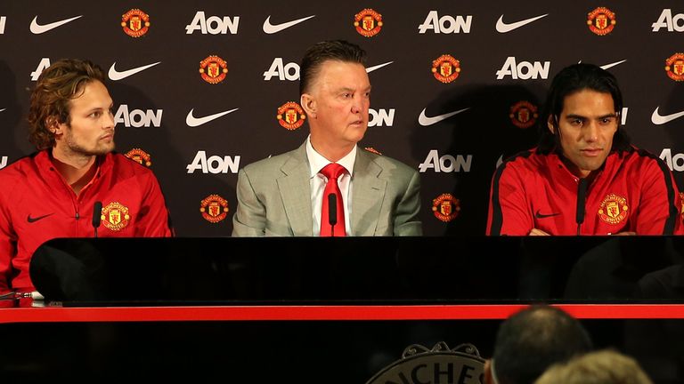 Former Man United manager Louis van Gaal unveiled Daley Blind (l) and Radamel Falcao (r) in August, 2014