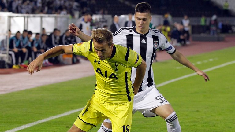 Harry Kane of Tottenham is challenged by Danilo Pantic of Partizan
