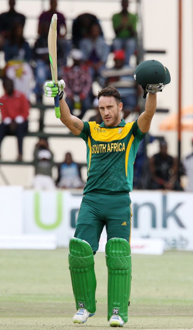 South Africa's batsman Faf du Plessis celebrates his third ODI century