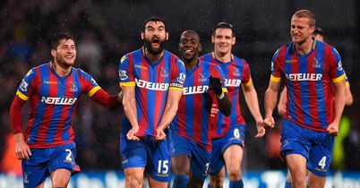 Joel Ward (l) and Mile Jedinak (2nd l): Celebrate beating Liverpool