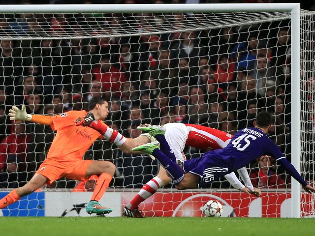 Anderlecht's Aleksandar Mitrovic scores his side's third goal