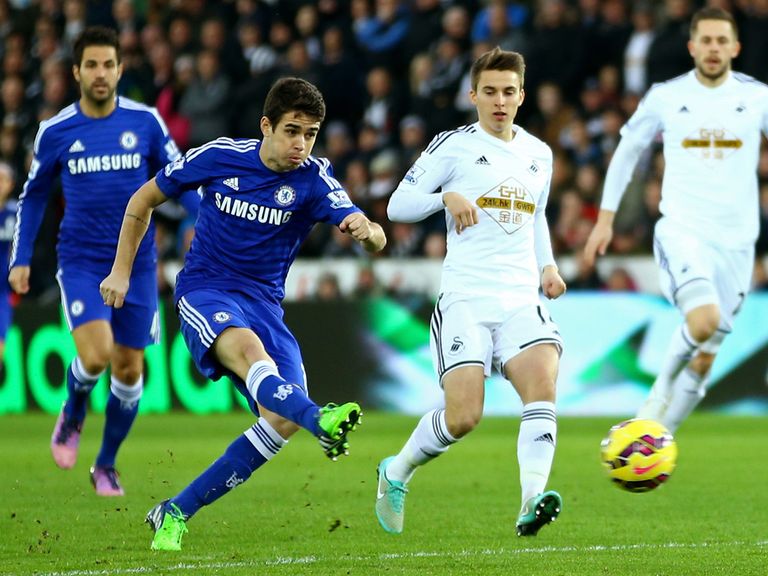 Oscar scores Chelsea's opener in the 5-0 win at Swansea