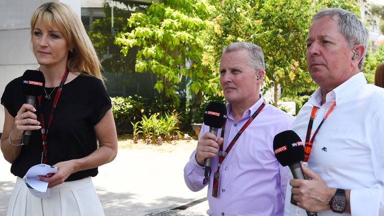 Sky F1's Rachel Brookes, Johnny Herbert and Martin Brundle at Sepang